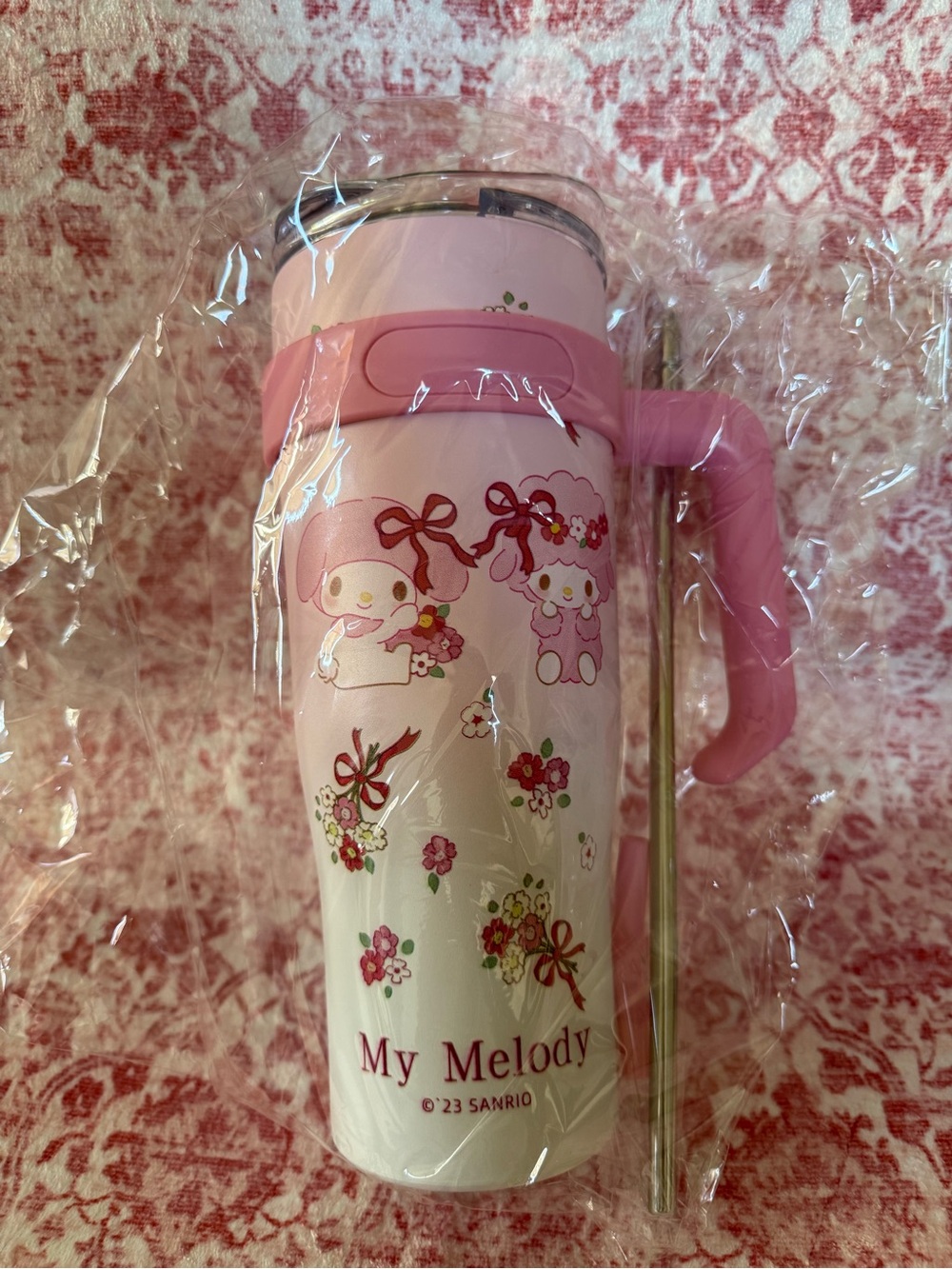 Sanrio My Melody Pink Floral Travel Tumbler with Handle and Straw